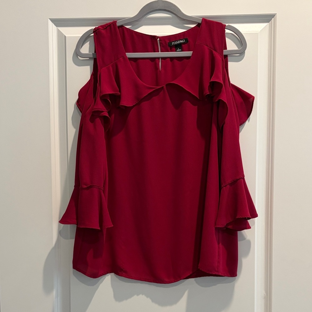 Roz & Ali Red Ruffle Cold Shoulder Blouse